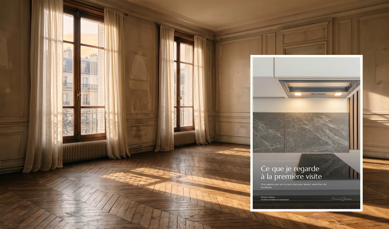 La couverture du guide « Ce que je regarde à la première visite » posée devant une pièce vide traversée par la lumière