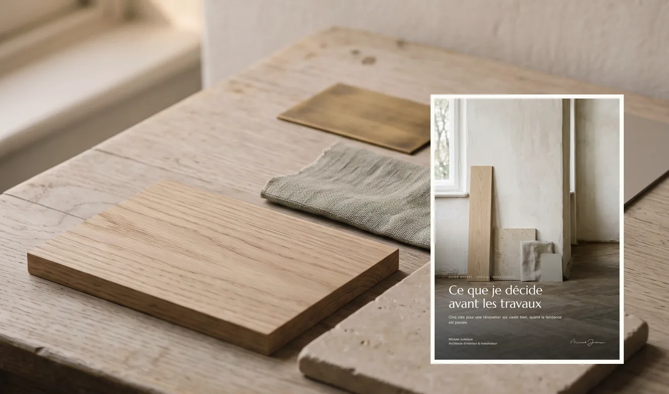 La couverture du guide « Ce que je décide avant les travaux » posée sur une table d’échantillons de matières