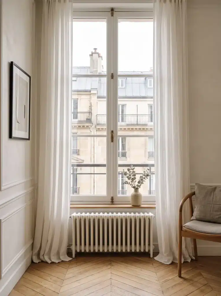 Haute fenêtre à la française aux montants fins, radiateur en fonte blanc en dessous, voilage en lin