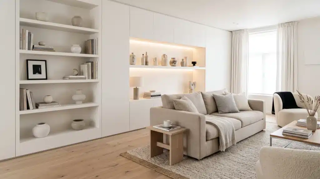 Séjour blanc, bibliothèque et niche éclairée intégrées au doublage du mur, canapé en lin sable