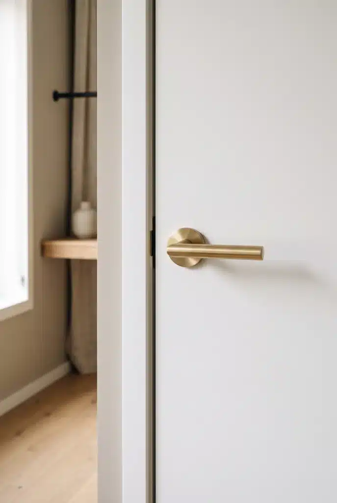 Poignée de porte en laiton brossé sur une porte blanche affleurante