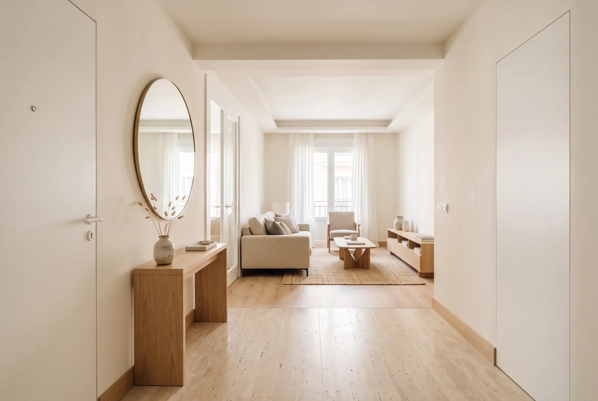 Entrée d'appartement rénové, portes blanches affleurantes, plinthes en chêne alignées, sol en travertin, miroir rond