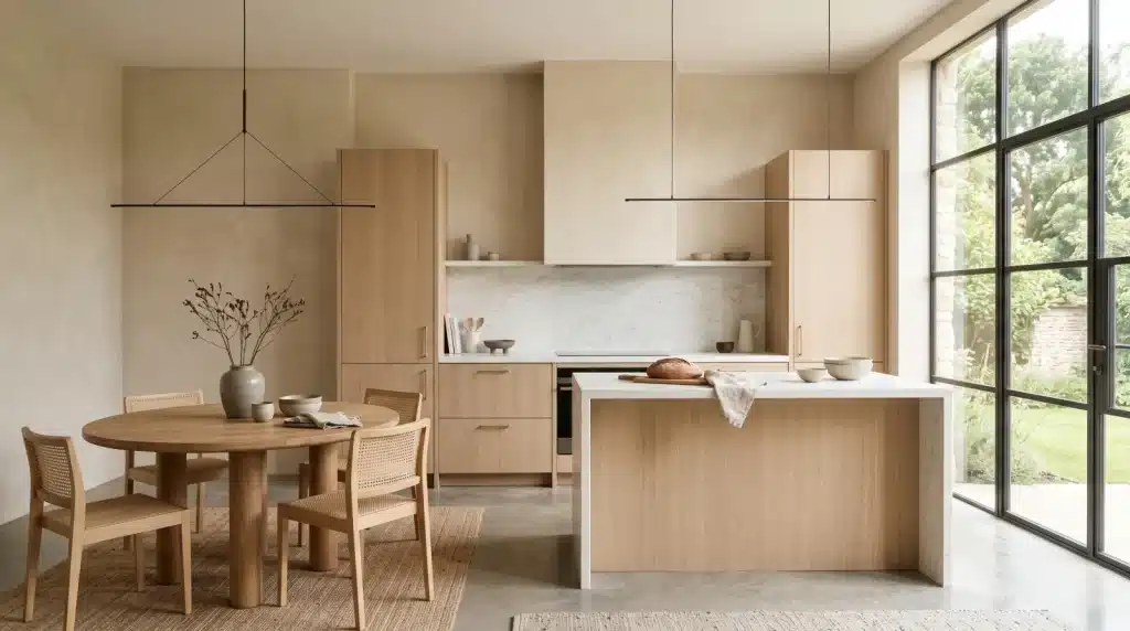 Cuisine ouverte et coin repas, chêne clair, plan en pierre blanche, mur beige à la chaux, grande verrière