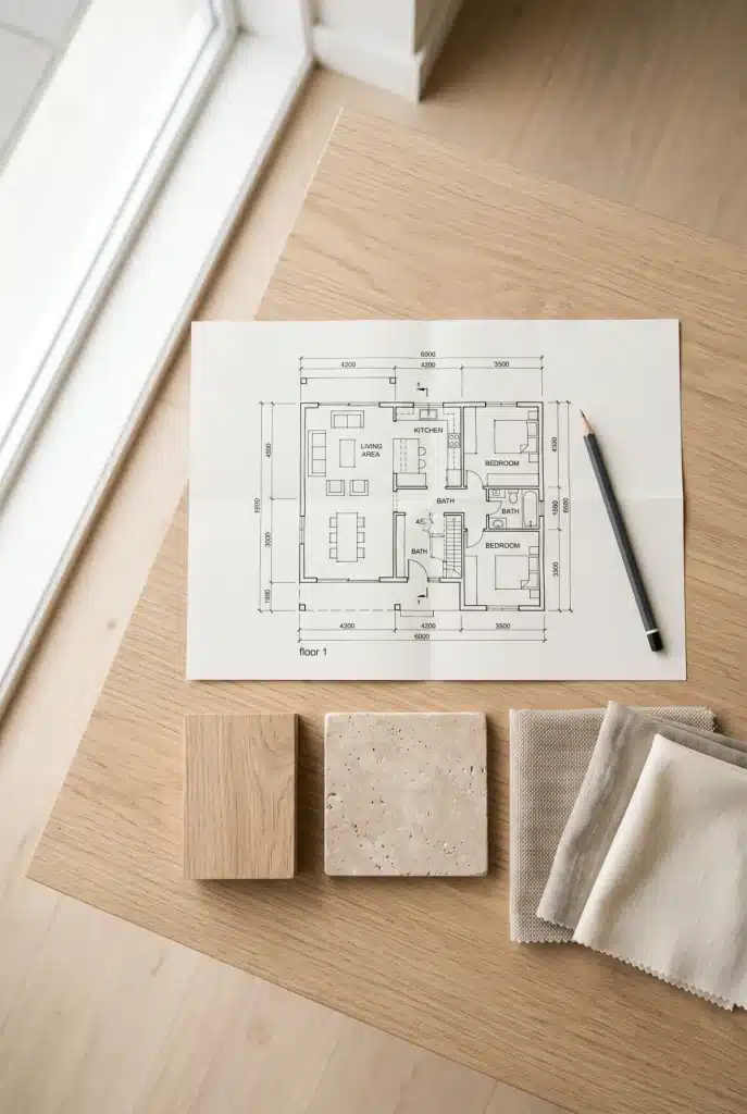 Plan d’architecte, crayon et échantillons de chêne, de travertin et de lin sur une table en bois clair