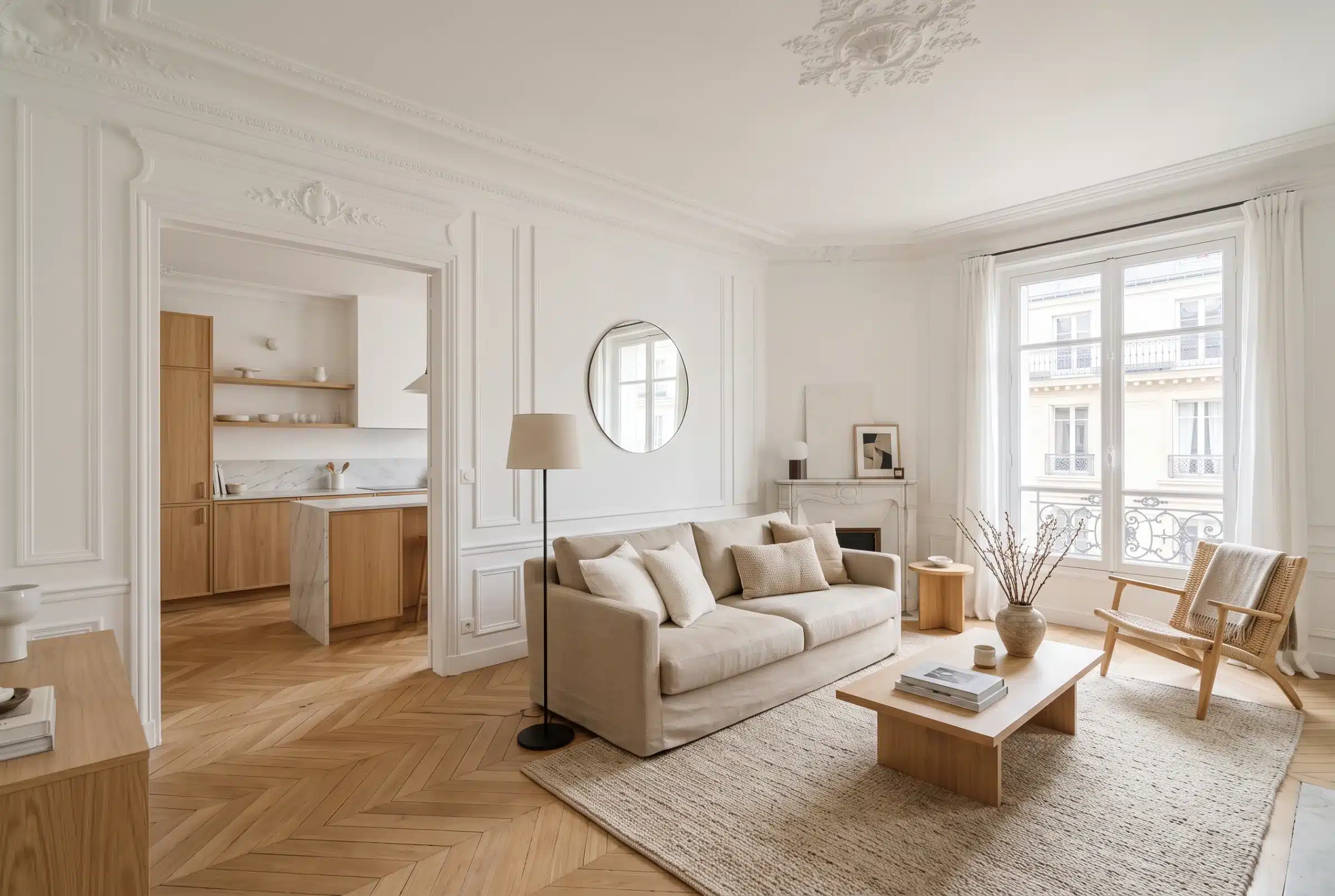 Séjour haussmannien rénové, parquet en chevron de chêne clair, moulures blanches, canapé en lin sable, cuisine en chêne au fond